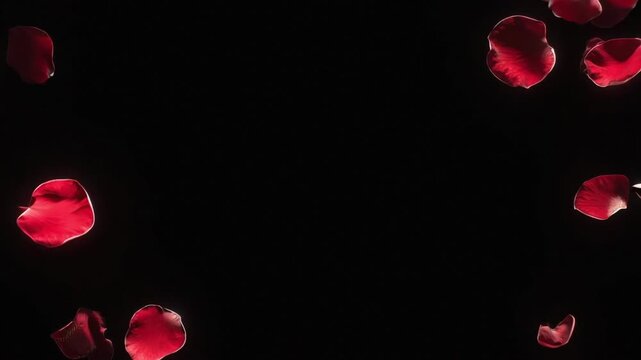 Scattered red rose petals drift across a deep black background, clustering at the edges and corners, leaving a calm empty center that suggests space for titles, romance, and gentle motion.
