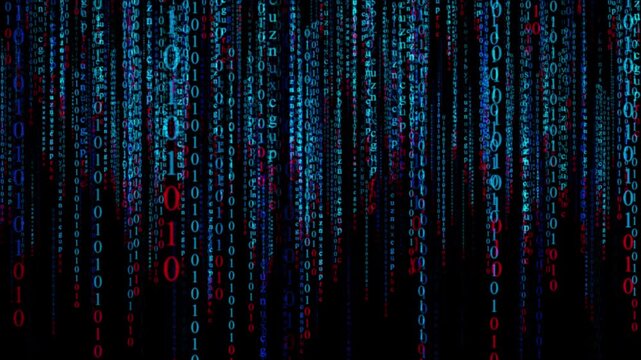 Hi-tech digital matrix code falling for hacker films, programming courses, and cybersecurity awareness campaigns. Seamless binary code rain loop in 4K resolution.