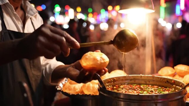 Close-up of a street vendor preparing golden pani puri with a ladle of spicy water at a vibrant indian night market.