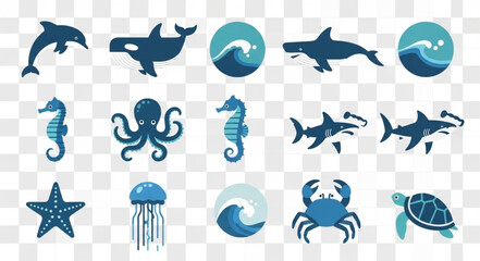 Collection of marine life icons and symbols. © Suci