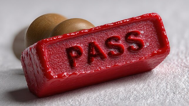 Red Stamp of Approval: Close-up shot of a red stamp with the word PASS engraved on it, alongside two blurred objects, symbolizing completion or acceptance of a task or test.