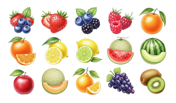 Vibrant Watercolor Fresh Fruits Clipart &ndash; Circular Icons of Berries, Citrus & Melons