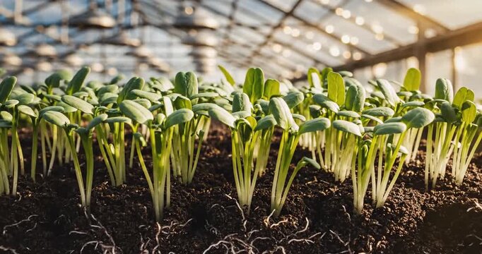 Greenhouse seedlings growing in soil.