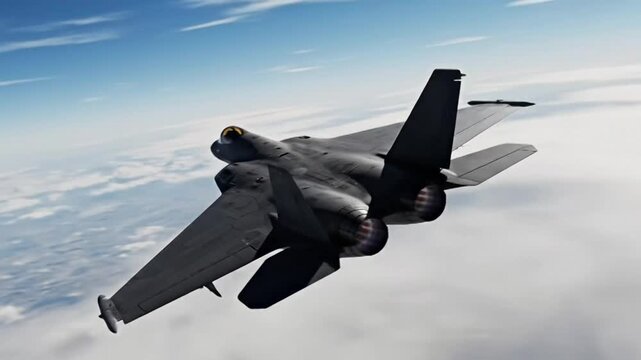 Stealth f-117 nighthawk fighter jet flies high above clouds under bright sun