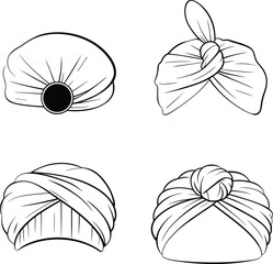 Obraz premium Turban headwear collection technical illustration, traditional and modern wrapped fabric hats front view isolated on white background fashion accessory design set