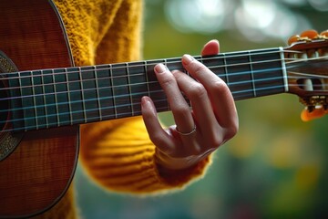 Fototapeta premium close-up of a left hand pressing chords on a classical guitar neck, wearing a yellow knit sweater and a simple ring, warm intimate focused outdoor music scene