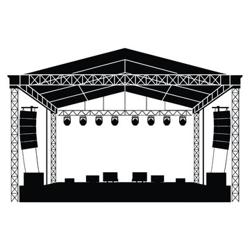 Black and white illustration of an outdoor stage with lighting and speakers