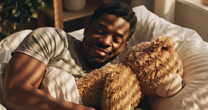 Man peacefully sleeping in bed with a teddy bear, warm sunlight streaming through the window
