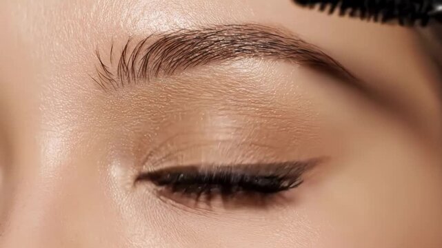 Closeup of applying mascara to long, dark eyelashes and shaping eyebrows