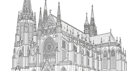 Fototapeta premium Detailed line art illustration of a majestic Gothic cathedral with towering spires. Classic European architecture, historic religious building design.