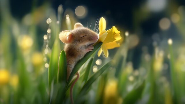 Niedliche Zwergmaus sitzt auf einer gelben Narzissenbl&uuml;te mit Tautropfen &ndash; Fr&uuml;hlings-Naturszene
