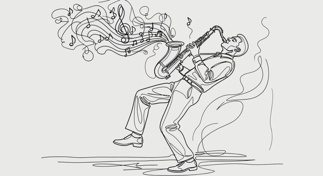 Energetic line art drawing of a musician playing a saxophone, with musical notes and sound waves creating a vibrant jazz rhythm.