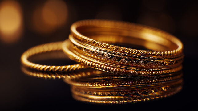 close up of luxury 24k gold bangles and rings on dark surface, elegant wedding jewelry and bridal accessories with golden glow, stacked gold bracelets and rings for celebration