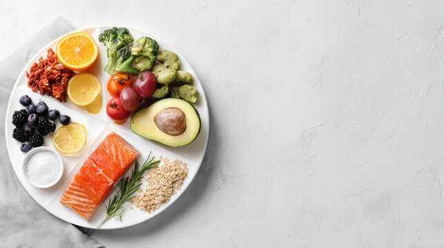 Balanced Nutrition Concept Banner Showing a Plate Divided Into Vegetables, Fruits, Grains and Protein for Educational Health Campaigns