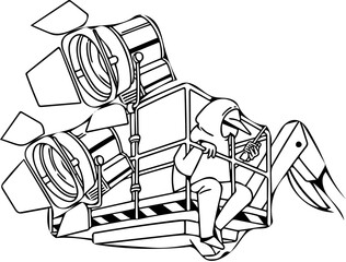 An illustration of a person in a cherry picker adjusting spotlights