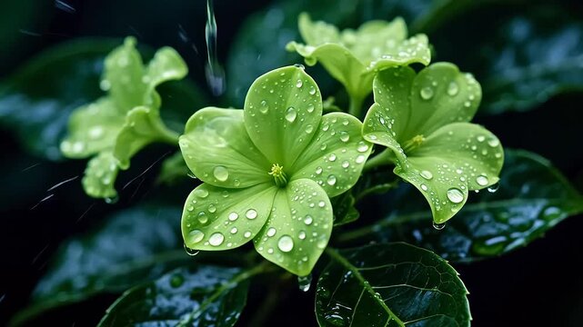 GreenFlowerswithDewdropsonDarkFoliage