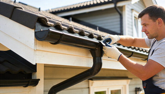 Man installer working on exterior of house installing dark plastic gutter system for effective rainwater drainage in backyard