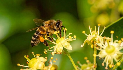 A honeybee collects pollen from a yellow flower, amidst green foliage, in bright natural lighting, close-up
