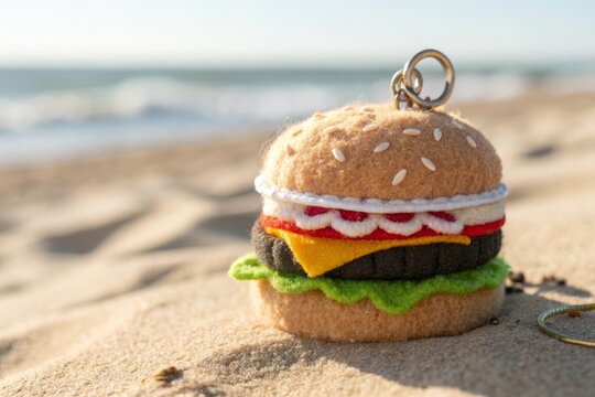 Handmade felt burger plush charm accessory resting on a sandy beach with ocean waves in the background