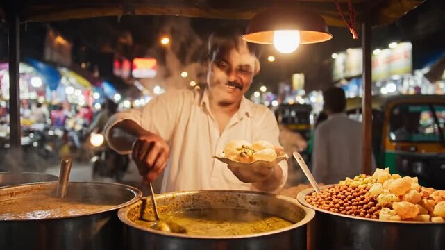 An indian street food vendor serves fresh, steaming pani puri from a warmly lit stall in a vibrant night market.