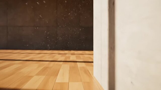 Sunlight streams across polished wooden floorboards in a modern concrete room with large windows
