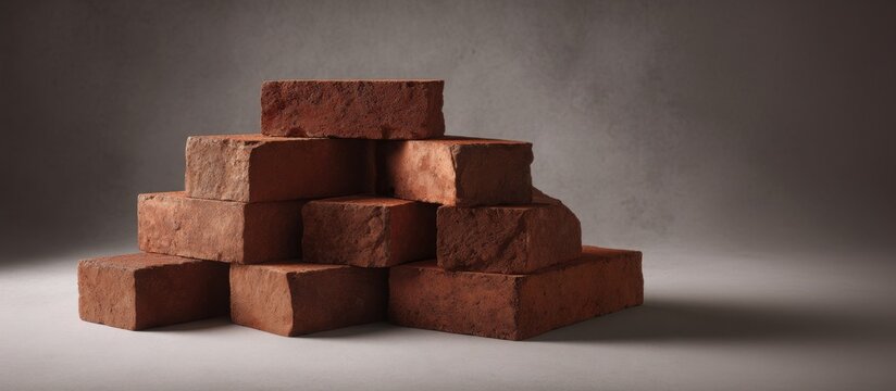 hyperrealistic photograph of stacked red clay bricks on neutral gray background, soft diffused studio lighting, detailed texture, construction concept