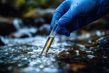 Blue gloved hand carefully collecting brownish stream water in a glass test tube, meticulous field sampling with concerned precision