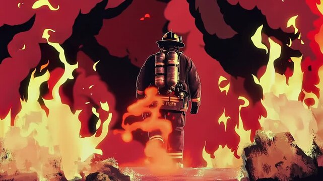 Firefighter walks into flames during rescue operation in California wildfires at sunset