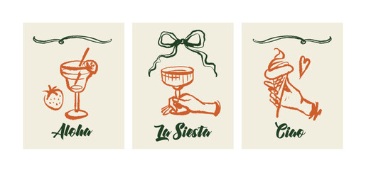 Vintage summer Italian Mediterranean picnic banner set. Hand drawn vector illustration. Amalfi sketch coastal holiday party vacation design. © pim