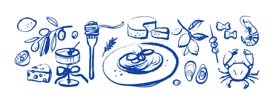 Vintage summer Italian Mediterranean seafood set. Hand drawn crayon isolated vector illustration. Sketch vacation restaurant menu design. Pasta, shrimp, crab, mussels, olives, lemon, cheese.