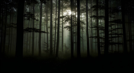 Obraz premium Mysterious forest landscape with moonlight shining through dense trees on a foggy night