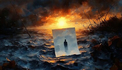 Naklejka premium Solitary silhouette in a floating mirror above stormy ocean waves at a fiery sunset, windswept shoreline with reeds and dramatic clouds, a melancholic and contemplative scene