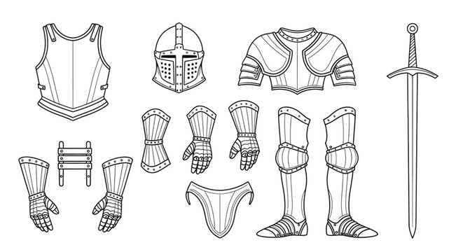 Detailed illustration of medieval knight armor components and a sword