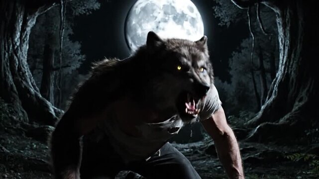 Werewolf transformation in dark woods under bright full moon
