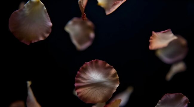 Delicate Pink and White Rose Petals Falling on a Dark Background