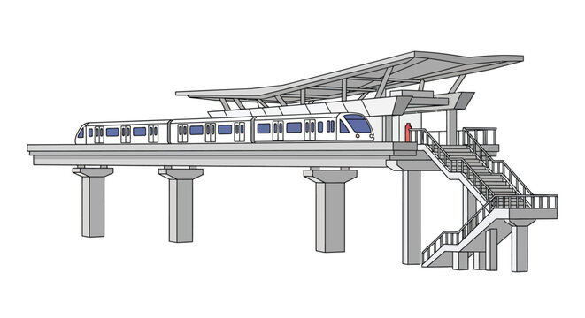 A futuristic monorail train travels along an elevated track system