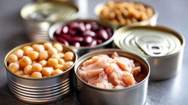 Assorted Canned Food Including Chickpeas, Tuna, Kidney Beans, Nuts, and Peas on a Wooden Table