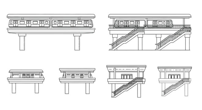 Architectural diagrams depicting elevated train stations with stair access