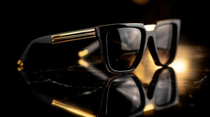 luxury sunglasses on glossy black surface, sharp reflections, soft focused background, dramatic studio lighting, high fashion product photography