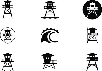 Wooden Lifeguard Stand Silhouette Icon Vector Coastal Lifeguard Tower Safety Icon Set
