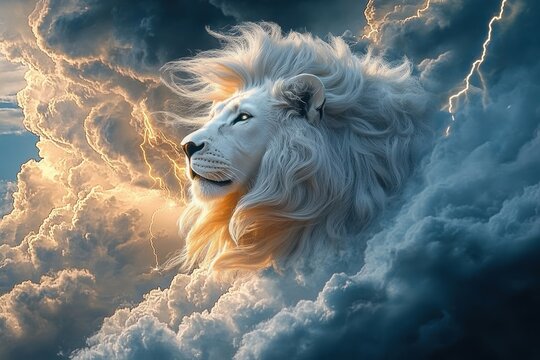 majestic white lion head emerging from stormy clouds, lit by golden sunlight and streaks of lightning, serene and powerful