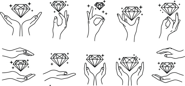 Elegant line art hands holding sparkling diamonds and luxury gems for jewelry branding fashion design and premium beauty concepts vector