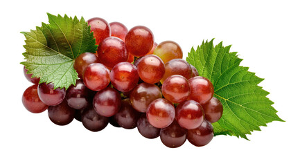 Fototapeta premium A cluster of red grapes with green leaves on a black background