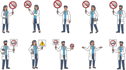 Medical doctors holding no smoking signs and warning symbols for healthcare campaign healthcare awareness and tobacco prevention vector
