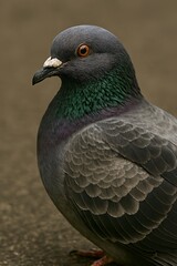 A close-up view of a pigeon standing on concrete surface, showcasing its gray and green feathers.
