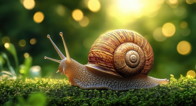 Brown garden snail with detailed spiral shell crawling on lush green moss in warm golden bokeh light, peaceful and tranquil morning scene