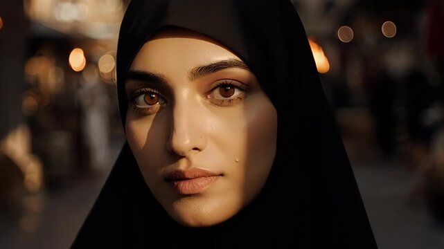 Persian woman in a richly detailed close-up against the ancient bazaar arches, using warm chiaroscuro lighting to emphasize her timeless elegance