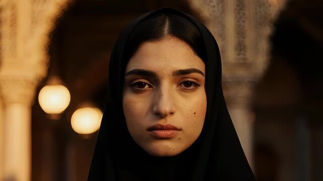 Persian woman in a richly detailed close-up against the ancient bazaar arches, using warm chiaroscuro lighting to emphasize her timeless elegance