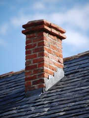 Naklejka premium Close-up View of Red Brick Chimney Standing on Dark Slate Roof Under Blue Sky With White Clouds in a Sunny Day