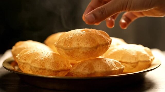 A hand reaches for a fresh, golden pani puri on a plate, showcasing this popular indian street food in a warm close-up.